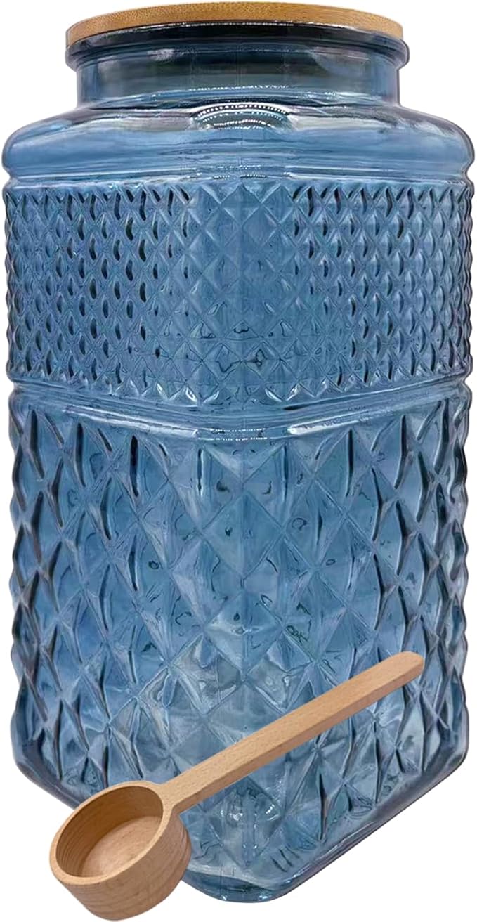 Coriario 1 Gallon Vintage Glass Jar with Lid Wood Spoon Blue Square Glass Storage Canisters Wide Mouth Jars for Food Candy Flour Sugar Cookie Coffee Nuts Decorative