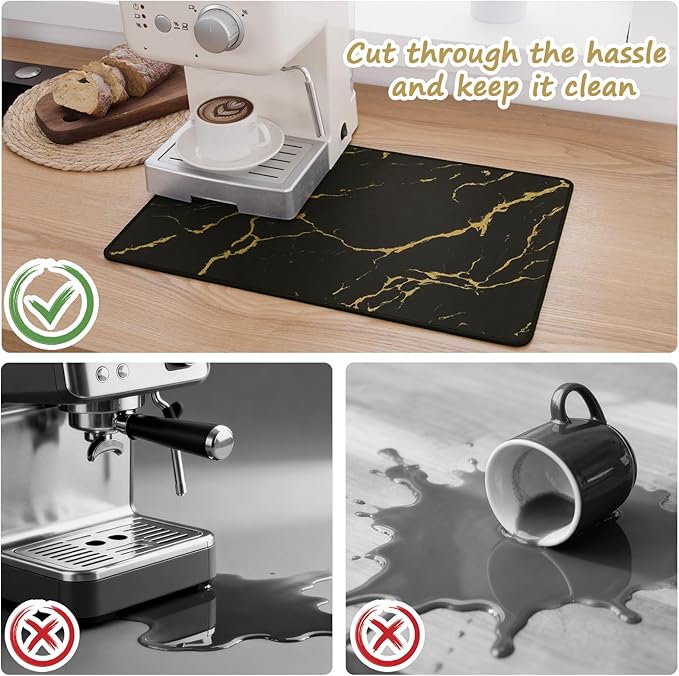 SHACOS Coffee Mat 2 Pack 12x19 Inch Absorbent Non Slip Rubber Bar Accessories Coffee Maker Mat for Countertop Dish Drying Mat Heat Resistant, Golden Marble