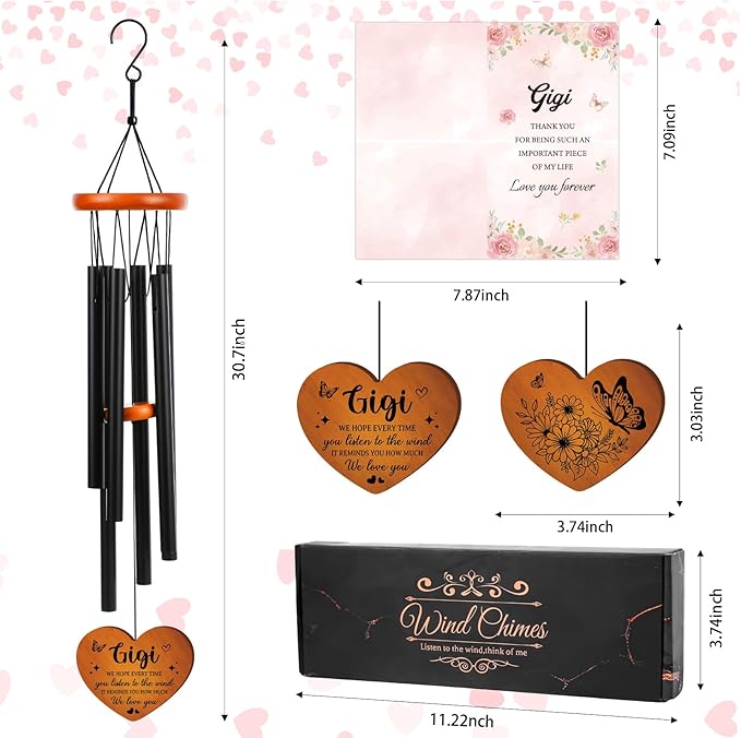 Gigi Gifts Wind Chimes for Outside - Metal Windchime with Wooden Pendant, Greeting Card & Black Box - Unique Birthday for Gigi from Grandkids, Garden Hanging Decor