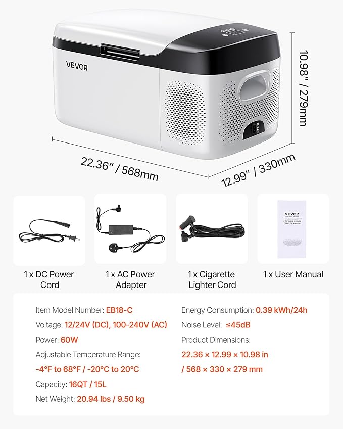 VEVOR Car Refrigerator, DC 12/24V AC100-240V Compressor Electric Cooler, -4°F to 68°F Car Fridge with APP Control, 16 QT Cars Freezer for RVs, Campsites, Boats, Camping, Fishing, 60W Portable Freezer