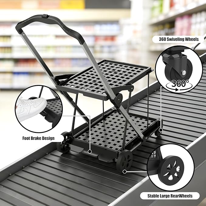 Collapsible Shopping Cart with Wheels,2 Tier Multi Use Foldable Shopping Cart with 2 Storage Crates,Folding Shopping Trolley Utility Cart for Office,Groceries, Warehouse,Supermarket,Picnic (Grey)