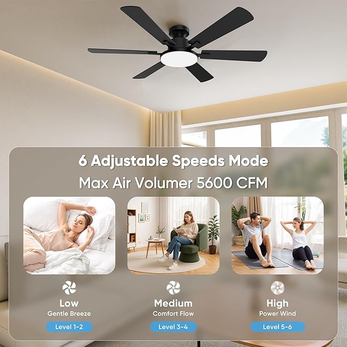 52 Inch Ceiling Fans with Lights, 6 Double Sided Blades, Ultra Quiet Reversible DC Motor, Remote & APP Control, 6 Speeds, 3CCT Dimmable LED with Memory Function, Flush Mount for Living Room, Black