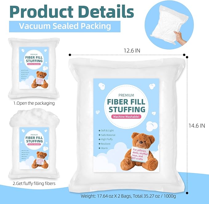 Polyester Fiberfill Stuffing for Crochet Animals, Crafts, Cushion and Clouds, Premium Quality Fiber Fill Pillow Stuffing Machine Washable, 1000g/2.2lb