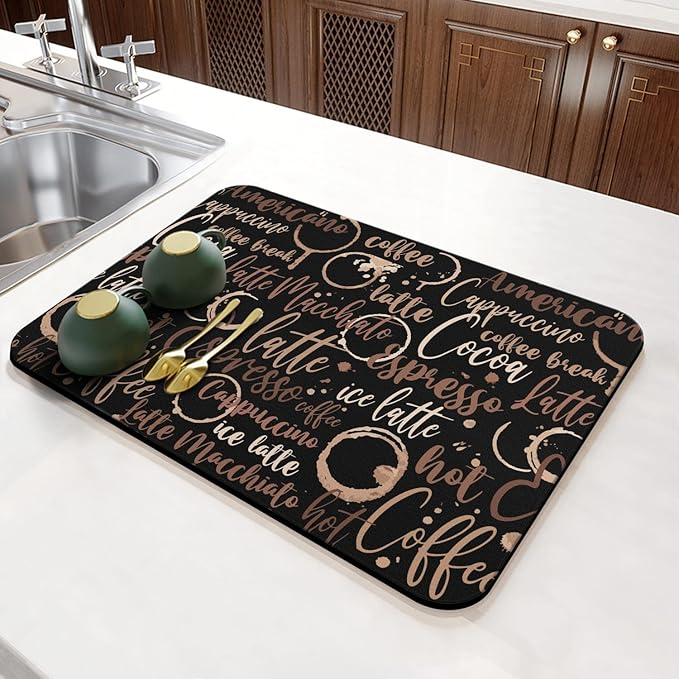 Coffee Bar Mat Accessories for Countertop Absorbent Hide Stain Rubber Backed Dish Drying Mats for Kitchen Counter Draining Pad Decor Gift(24x16in)