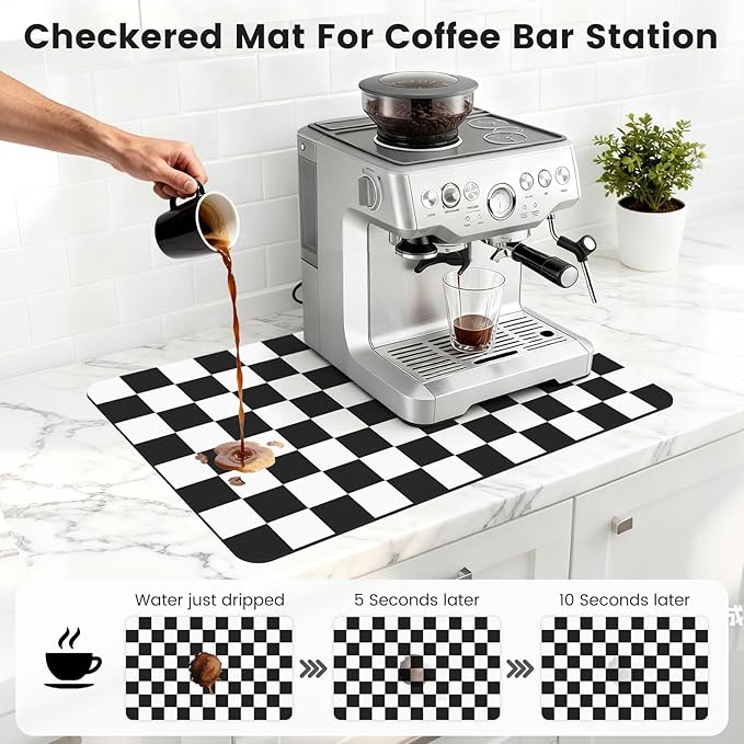 16" x 24" Checkered Dish Drying Mat for Kitchen Counter, Absorbent Coffee Bar Mat for Espresso Machine Coffee Countertops Accessories, Black