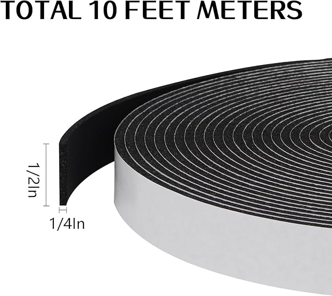 Storystore Weather Stripping Door Seal Strip, 1/2In x 1/4In x 10FT Self Adhesive Foam Tape for Door Window Insulation Soundproofing Weatherstrip, High Density Foam Seal for Doors Windows Furniture