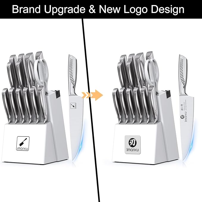 imarku 15-Piece Knife Set with Block, High Carbon Stainless Steel Kitchen Knives with Built-in Sharpener, Dishwasher Safe, Ergonomic Non-Slip Handle, Perfect for Home Cooks & Chefs, White