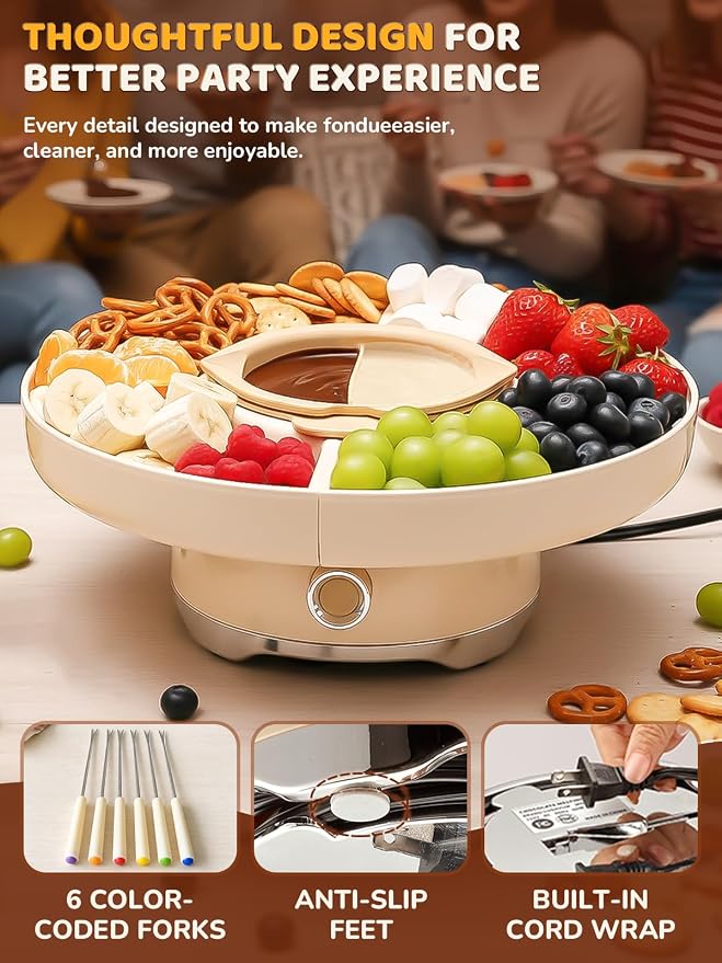 Electric Chocolate Fondue Set, 4-Cup Chocolate, Rotating Tray | Melt & Warm Modes, Dual Silicone Inserts, 6 Color-Coded Forks, Easy-Clean, Ideal for Candy Melts, Couple Family & Date Night