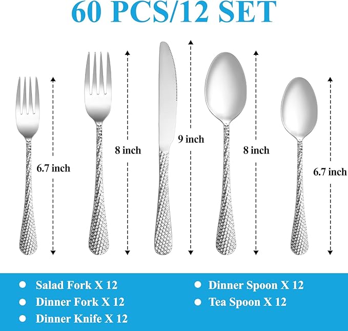 60 Pcs Hammered Silverware Set Service for 12,Stainless Steel Flatware Set,Mirror Polished Cutlery Utensil Set,Durable Home Kitchen Eating Tableware Set,Include Fork Knife Spoon Set,Dishwasher Safe