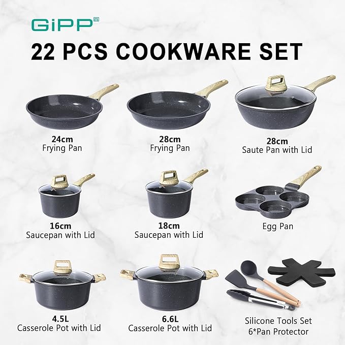 GiPP Ceramic Pots and Pans Set Non Stick - 22Pcs Nonstick Cookware Set, Non-Toxic Healthy Kitchen Cooking Set w/Frying Pans Set, Dishwasher Safe, PFAS PTFE PFOA PFOS Free, Dark Gray
