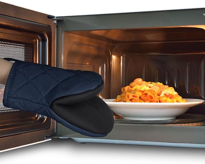 Short Oven Mitts, Heat Resistant 500°F, Silicone Grip Kitchen Gloves, Non-Slip for Baking, Grilling, BBQ, Machine Washable with Hanging Loop, 2-Pack Set, Navy Blue
