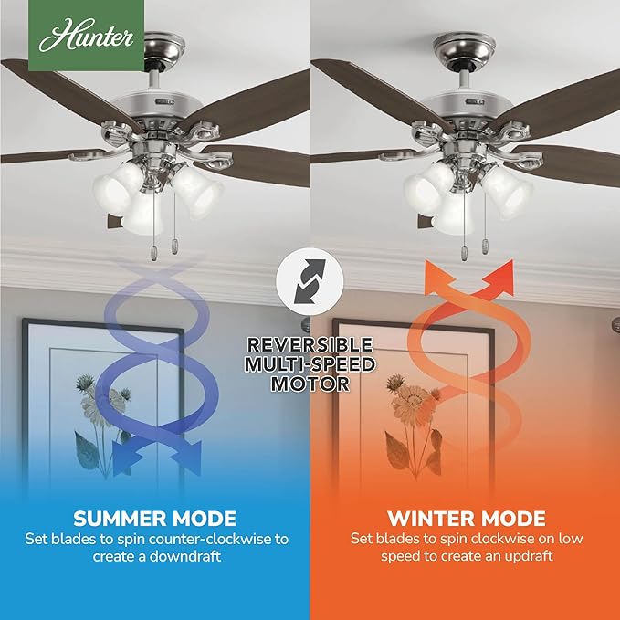 Hunter 52 inch Indoor Ceiling Fan with LED Lights - Ceiling Fan with Pull Chain, For Bedroom or Living Room, Standard Mount, No Remote, 5 Blades, Includes Bulbs - Builder Plus 53237, Brushed Nickel