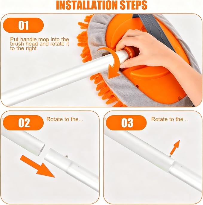 62" Car Wash Brush with Long Handle Car Cleaning Brush Kit Car Cleaning Supplies Kit Car Washing Duster Tools Accessories, 1 Chenille Scratch-Free Replacement Head Aluminum Alloy Pole (Orange)