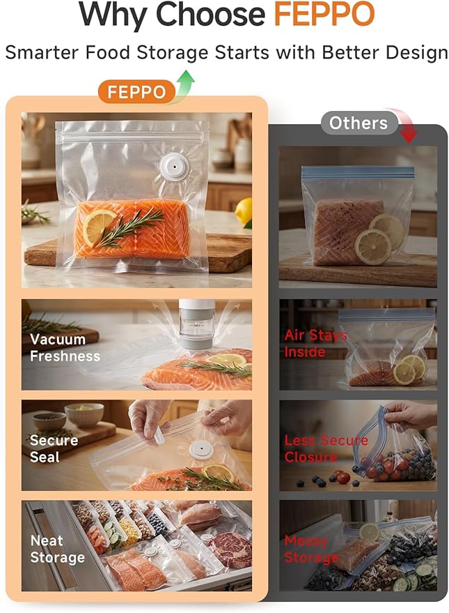 FEPPO Reusable Vacuum Sealer Bags for Food, 20 PCS (10 Medium 8.3"×8.7" + 10 Large 10.2"×11") BPA-Free Food Storage Bags with Air Valve, Leak-Proof & Odor-Resistant for Freshness Preservation