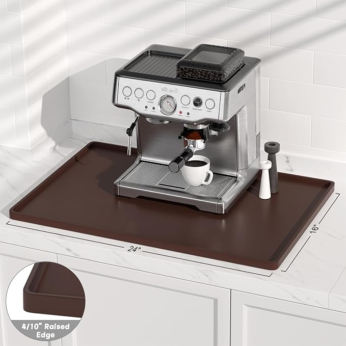 Rnivvi Silicone Coffee Mat, 16" x 24" Waterproof Raised Edge Coffee Bar Mats for Espresso Machine Station Accessories, Heat Resistant Dish Drying Pad for Kitchen Counter, Rubber Bar Decor Pad, Brown