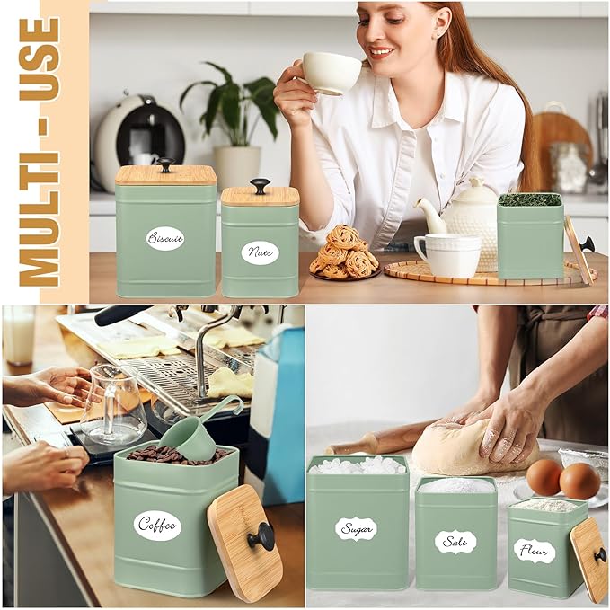 Tioncy Kitchen Canisters for Countertop Set of 3 Metal Canisters Sets with Bamboo Lids Spoon Airtight High Capacity Coffee Tea Sugar Flour Jars with DIY Labels Farmhouse Food Storage (Green,Xl,L,M)
