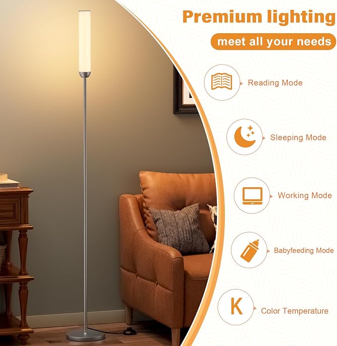 Ambimall LED Floor Lamp with Remote Control, 65" Standing lamp with Stepless Adjustable 3000K-6500K Colors & 30-100% Brightness, Foot Switch(Deep Grey)
