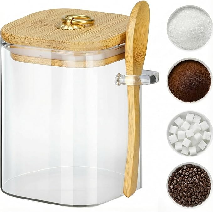holoith Glass Jars with Bamboo Lids and Spoons, 16 oz Glass Storage Containers with Lids for Dry Food Storage Sugar, Coffee, Nuts, Cookie, Candy, Tea, Airtight Kitchen Canisters Spice Jars