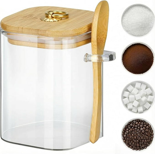 holoith Glass Jars with Bamboo Lids and Spoons, 16 oz Glass Storage Containers with Lids for Dry Food Storage Sugar, Coffee, Nuts, Cookie, Candy, Tea, Airtight Kitchen Canisters Spice Jars
