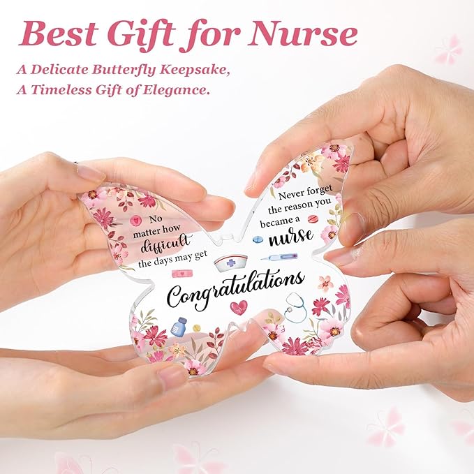 Nurse Graduation Gift for Women, Nurse Week Appreciation Gifts - Pink Butterfly Acrylic Plaque 5x3.8 IN - Graduation Gifts for Nursing Student, Nursing School Gifts, RN Gifts for Nurses