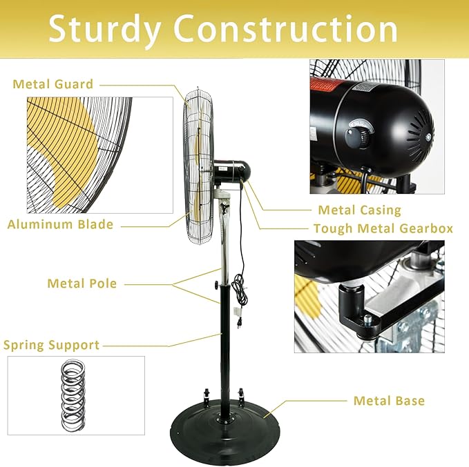 HiCFM 8300 CFM 30 inch Heavy Duty High Velocity Pedestal Oscillating Fan with Powerful 1/3 HP Motor, Ball Bearing, 9 Feet Cord & Turbo Yellow Blade - UL Listed