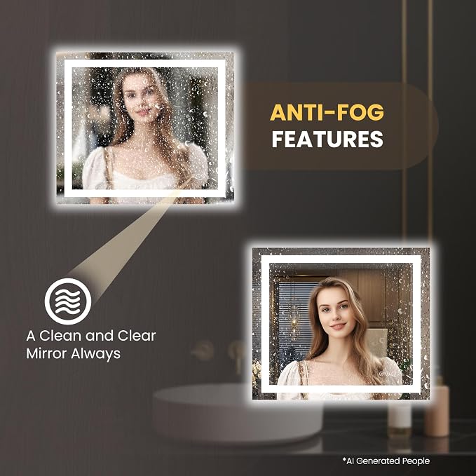 LOAAO 40"X34" LED Bathroom Mirror with Lights, Anti-Fog, Dimmable, Backlit + Front Lit, Lighted Bathroom Vanity Mirror for Wall, Memory Function, Tempered Glass, Safe to Use, ETL Listed