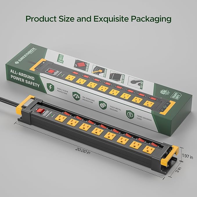 8 Outlet Heavy Duty Power Strip with Individual Switches,3300J Surge Protector Power Strip with 6FT Cord Management, Wide-Spaced, ETL Listed (15A/1875W)