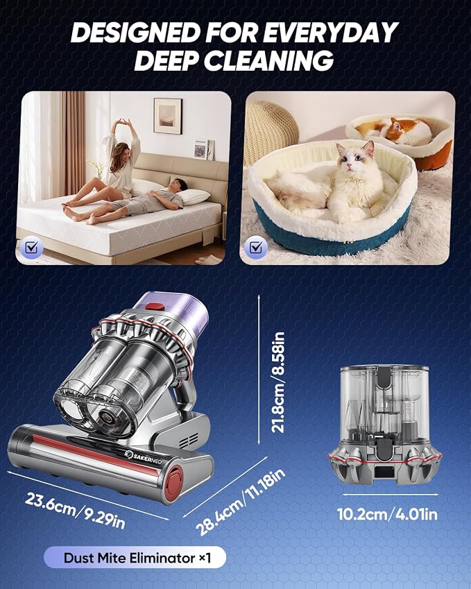 SAKERNEO Powerful Bed Vacuum Cleaner with Digital Display, 5-Cyclone Filtration, 14kPa Strong Suction, HEPA Filter, Handheld Vacuum for Mattress, Carpet, Sofa and Pet Hair