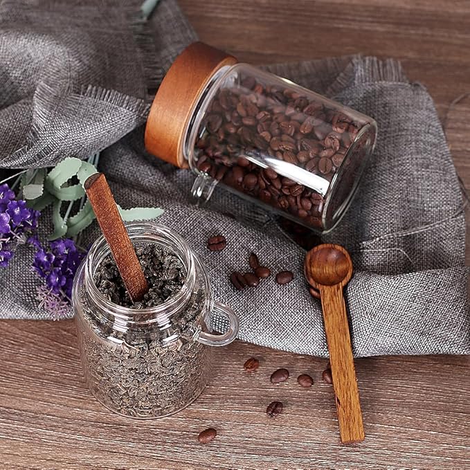 SAIOOL Loose Leaf Tea Storage Canister Set, 4 Pieces 16 OZ Glass Tea Containers with Wooden Lids and Spoons for Loose Tea, Coffee, Sugar, Oatmeal, Herbs (Tea Canisters)