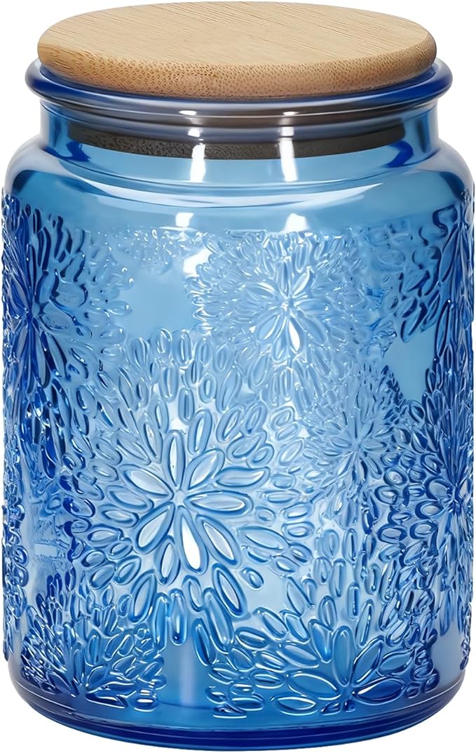 1Pc Snowflakes Style Vintage Glass Candy Jar with Airtight Bamboo Lid, Kitchen Storage Canister for Sugar, Coffee, Tea, Cookies, Bath Salt - Decorative Mason Jar for Pantry & Counter (1, Blue, 24oz)