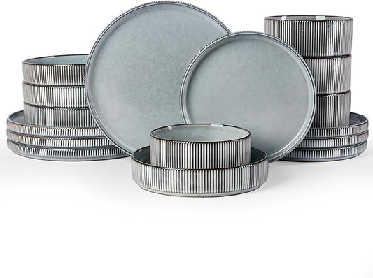 Famiware Star 16-Piece Stoneware Dinnerware Sets, Service for 4 - Shallow Pasta Bowls & Flat Plates, Modern Rustic Reactive Glaze Dishes, Chip/Scratch Resistant, Microwave/Dishwasher Safe, Smoky Blue