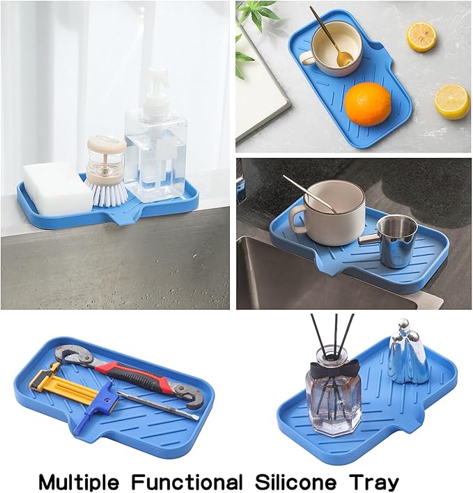 MicoYang Silicone Soap Dish with Drain Spout — Self-Draining Sink Organizer Tray for Bathroom & Kitchen, Sponges, Dispensers & Soap Holder, Non-Slip & Dishwasher Safe, Lichen Blue (Medium, 9.6"×5.3")