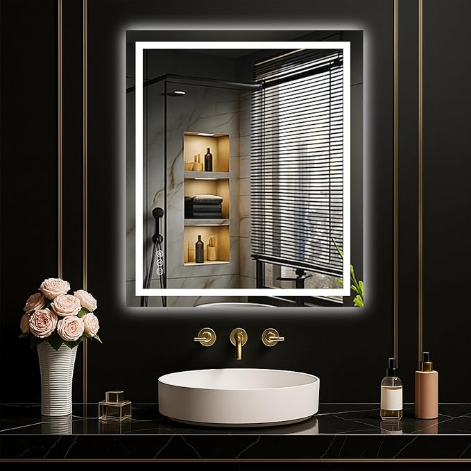 LOAAO 24"X28" LED Bathroom Mirror with Lights, Anti-Fog, Dimmable, Backlit + Front Lit, Lighted Bathroom Vanity Mirror for Wall, Memory Function, Tempered Glass, Safe to Use, ETL Listed