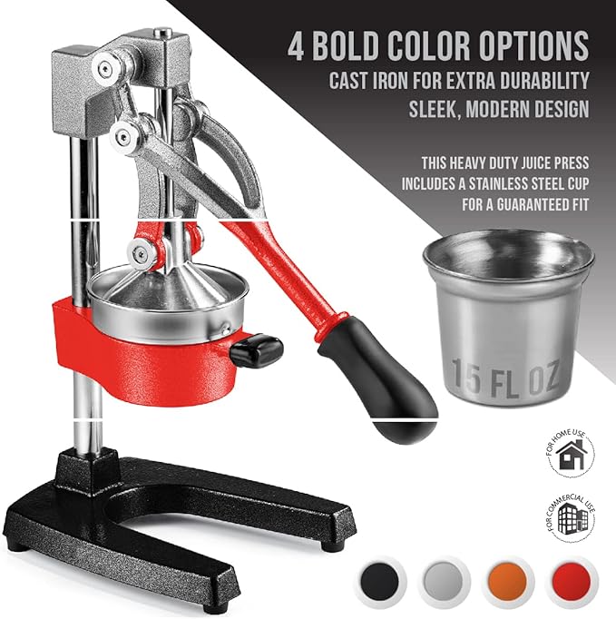 Eurolux Ultra-Premium Cast Iron Juicer | Extra-Large, Heavy Duty, Commercial Grade, Stainless Steel Manual Hand Press Citrus Squeezer For Fresh Orange Juice, Pomegranate, Lemon, and Much More (Orange)