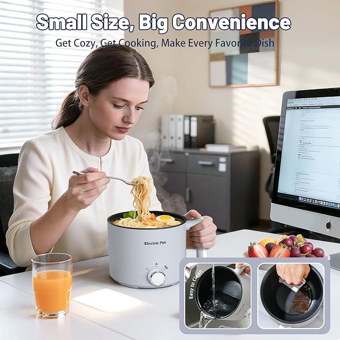 Electric Hot Pot :1.5L Mini Ramen Cooker with Overheat & Boil-Dry Protection, Suitable for Noodles, Soup, Oatmeal, College Dorm Office Travel Essentials (Grey, 1.5L)
