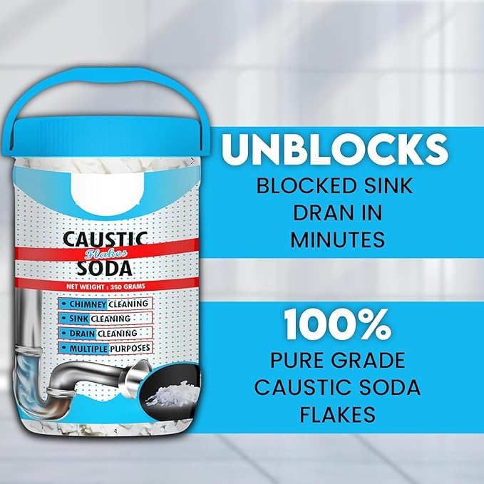 12.34oz Caustic Soda – Fast-Acting, Non-Toxic & Odorless Formula to Clear Blockages Instantly – Unblock Clogged Sinks & Pipes with Chimney & Drain Cleaner Flakes – 350 Grams