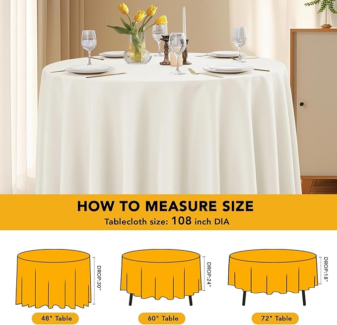 10-Pack Ivory Round Tablecloths, 108 Inches, Stain-Resistant Polyester for 4-5 Ft Round Tables - Washable Table Covers for Weddings, Banquets, Birthday Parties, Events