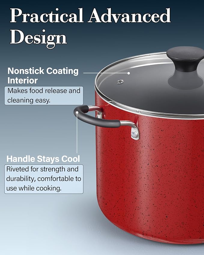 Cook N Home 10.5 Quart Non Stick Stock Pot with Lid, Large Pots for Cooking | Nonstick Soup Pot, Stockpot Induction Cookware - Oven & Dishwasher Safe, Marble Red