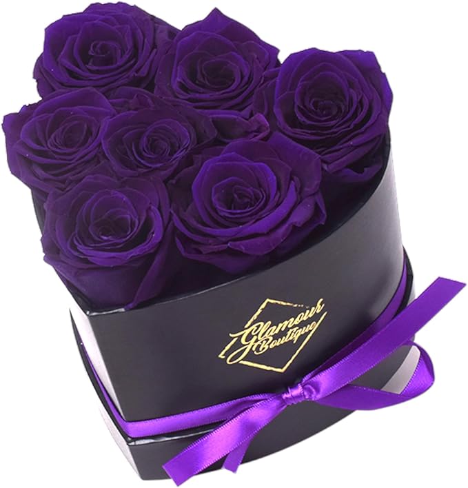 GLAMOUR BOUTIQUE 7 Flower Forever Heart Shape Box, for Mom, Eternal Preserved Roses Gift for Her, Him, Lasting Flowers Bouquet, for Birthday, Anniversary, Purple (Color-Treated)