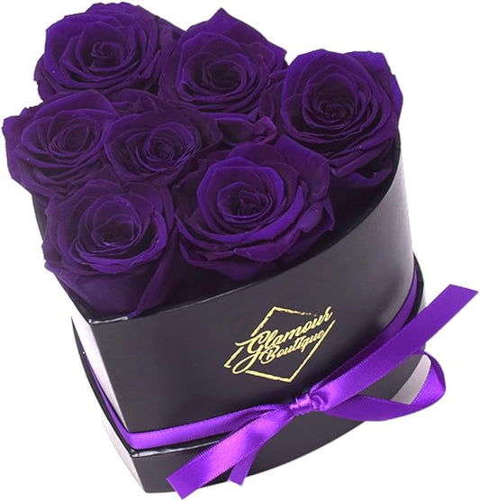 GLAMOUR BOUTIQUE 7 Flower Forever Heart Shape Box, for Mom, Eternal Preserved Roses Gift for Her, Him, Lasting Flowers Bouquet, for Birthday, Anniversary, Purple (Color-Treated)