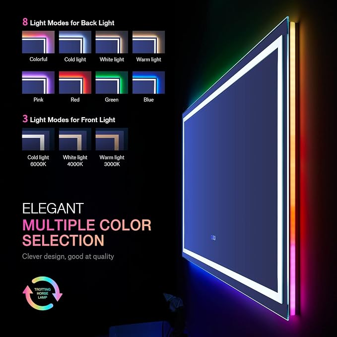 LOAAO 72"X36" RGB LED Bathroom Mirror with Lights, Anti-Fog, Dimmable, Lighted Bathroom Vanity Mirror, Multiple Light Modes, RGB Backlit + Front Light, Memory Function, Tempered Glass, ETL Listed