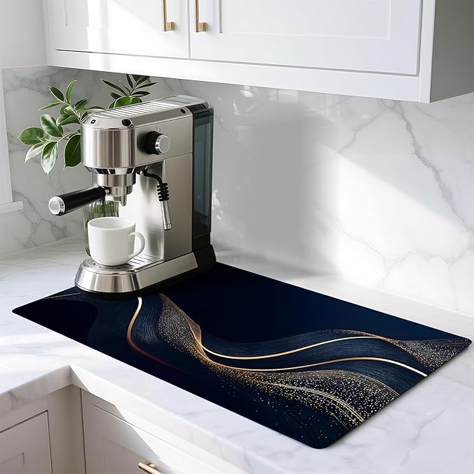 Coffee Mat 17"x32" - Extra Large Absorbent Non Slip Dish Drying Mat,Coffee Bar Accessories,Kitchen Counter Protector for Coffeemaker, Sink, Dining Decor (Lines)