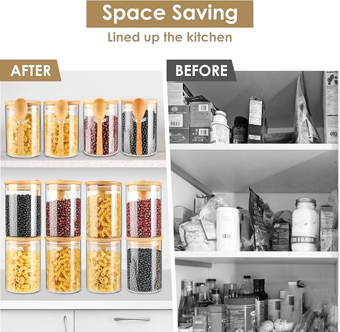 4 Pack Glass Containers Jars with Bamboo Lid and Spoon, 15OZ Airtight Glass Jars, Food Storage Jar Set Kitchen Glass Canisters for Coffee Beans, Tea, Flour, Nuts, Candy, Dry Goods, Cookie and More