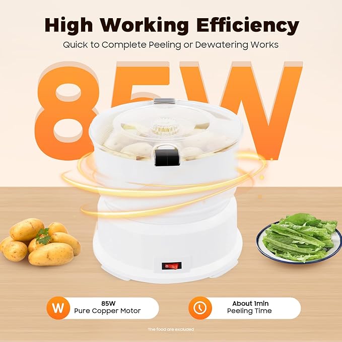 Electric Potato Peeler,85W Automatic Potato Peeling Machine with Vegetable Dehydrator,Dual Safety Locks,Kitchen Peeling Tool for Potato (White)