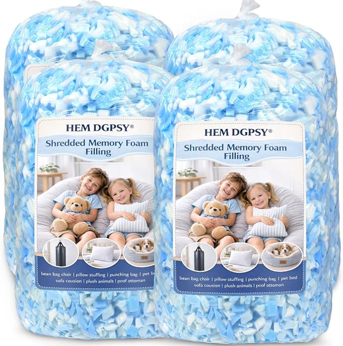 Shredded Memory Foam Filling, Bean Bag Filler Foam Refill Grappling Dummies, Added Gel Particles,20lbs Blue & White Premium Soft Stuffing for Punching Bag Dog Bed Couch Cushions