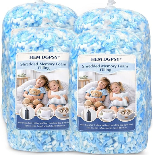 Shredded Memory Foam Filling, Bean Bag Filler Foam Refill Grappling Dummies, Added Gel Particles,20lbs Blue & White Premium Soft Stuffing for Punching Bag Dog Bed Couch Cushions