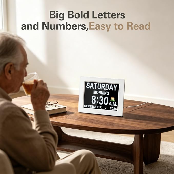 JALL 7" Large Digital Calendar Day Clock for Seniors 2026 - Easy to Read Alzheimer's Dementia Memory Loss Clock for Elderly with IPS Wide Angle，Day & Date, 12 Custom Alarms & Auto-Dimming, Black