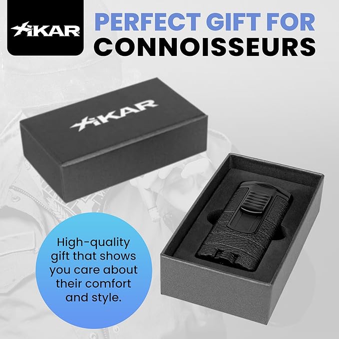 XIKAR Tactical Triple Jet Butane Torch Lighter – Refillable Butane Lighter with EZ-View Fuel Window, Wind Resistant Adjustable Flame, Pocket Clip – Premium Lighter for Outdoor Use – Black