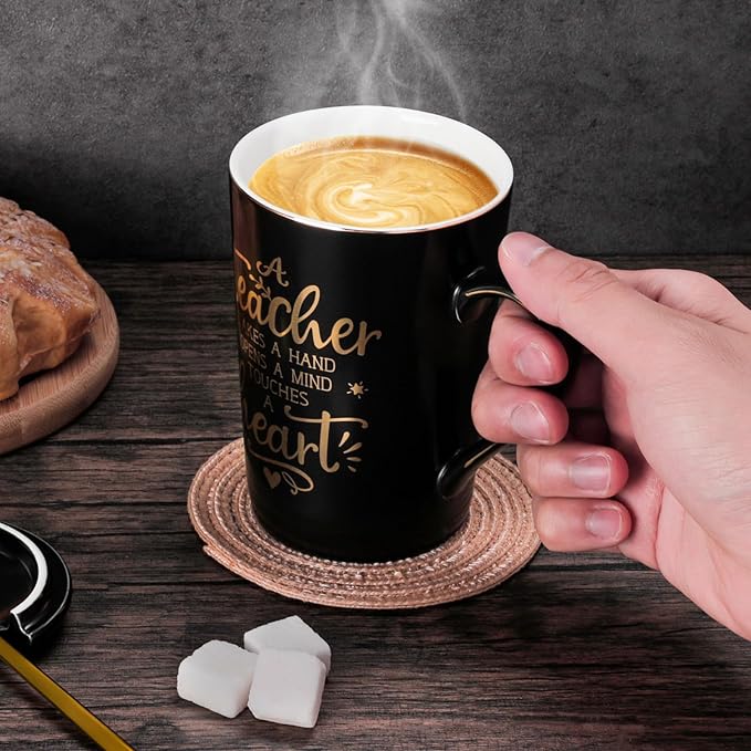 Best Teacher Appreciation Gifts for Men Women, 14oz Unique Black Ceramic Teacher Coffee Mug with Gold Print, Valentine Presents for Teachers Graduation Retirement, with Lid Spoon Card, Nice Gift Boxed