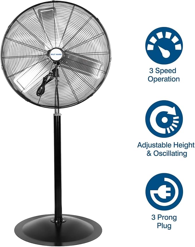 BILT HARD 24" High Velocity Pedestal Oscillating Fan, 6450 CFM 3-Speed Industrial Floor Fan with Adjustable Height, Metal Shop Fan with Aluminum Blades for Commercial, and Garage